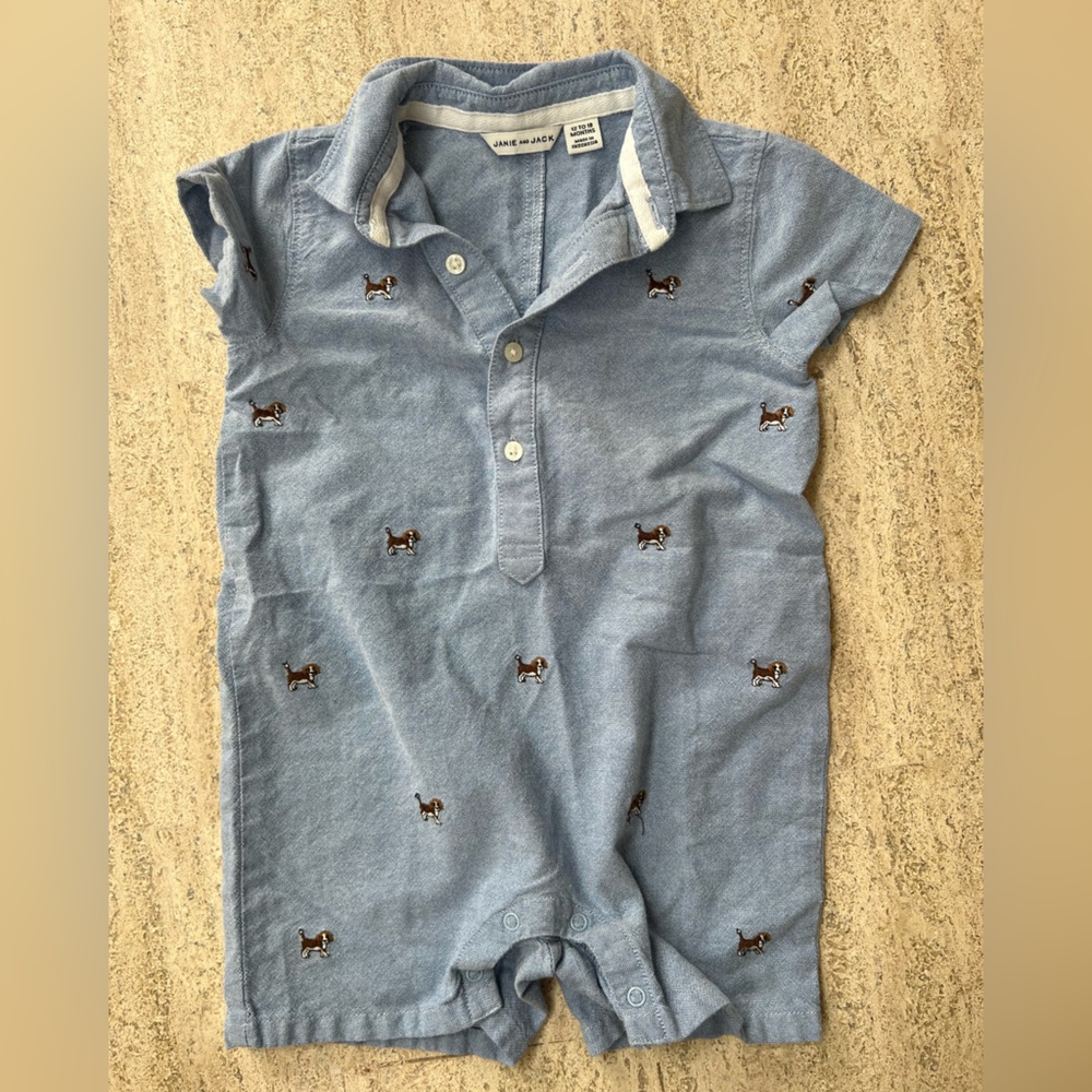 Janie and Jack Light Blue Button Down Shirt with Dog Embroidery